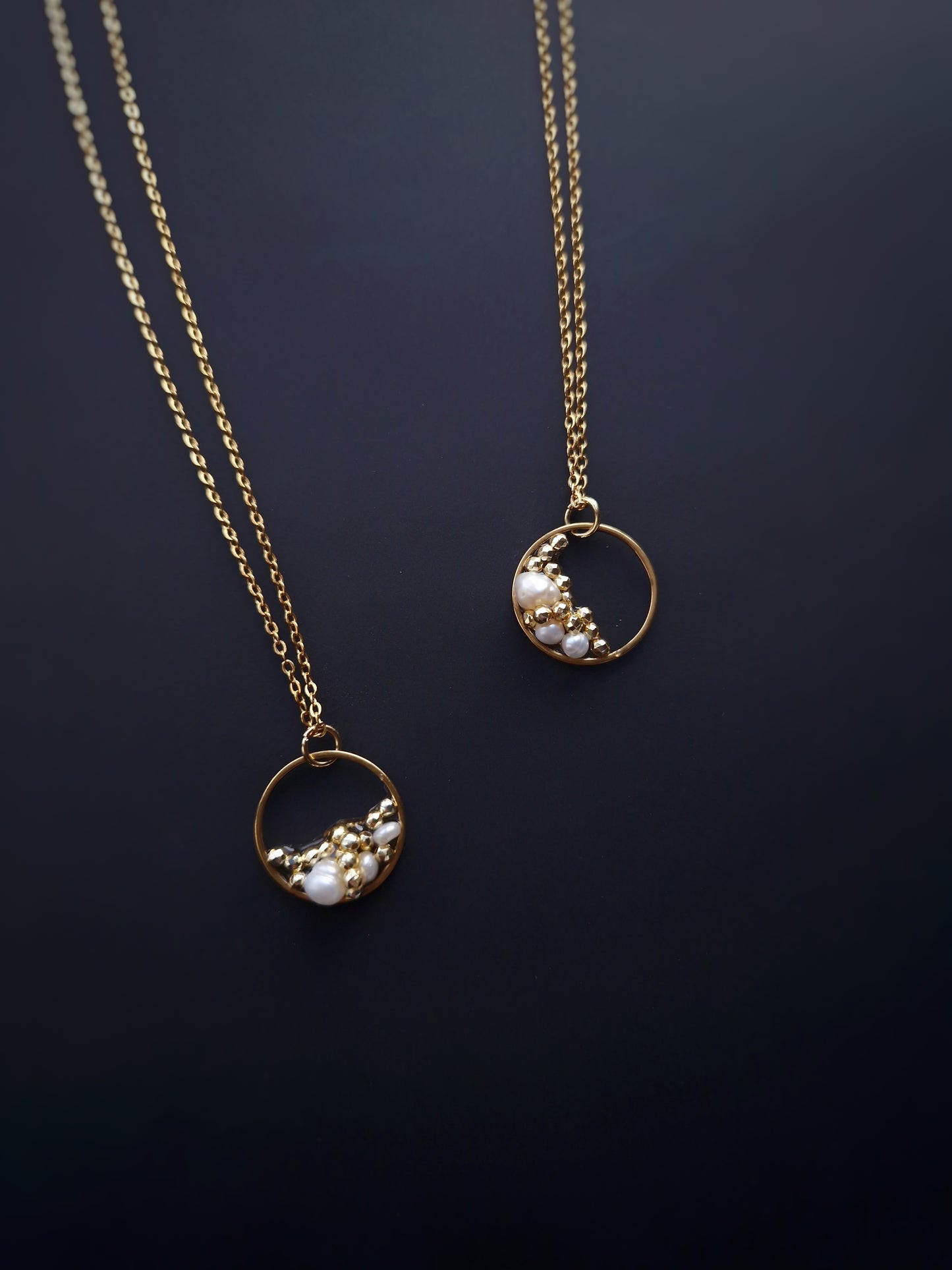 Handmade Necklace with Hematite & Pearls – Moon Phase Inspired Design