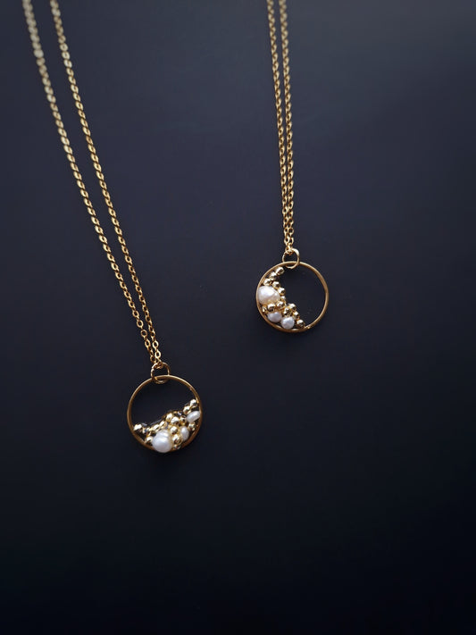 Handmade Necklace with Hematite & Pearls – Moon Phase Inspired Design